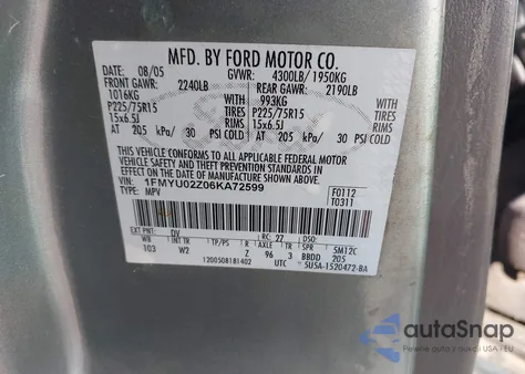 2006 Ford Escape Xls/Xls Manual from USA, damaged, VIN 1FMYU02Z06KA72599